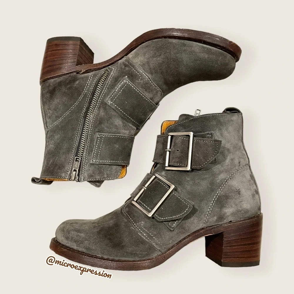 $399 Frye Sabrina Double Buckle Academia Grey Suede Leather Block Heel AnkleBoot - Picture 11 of 16